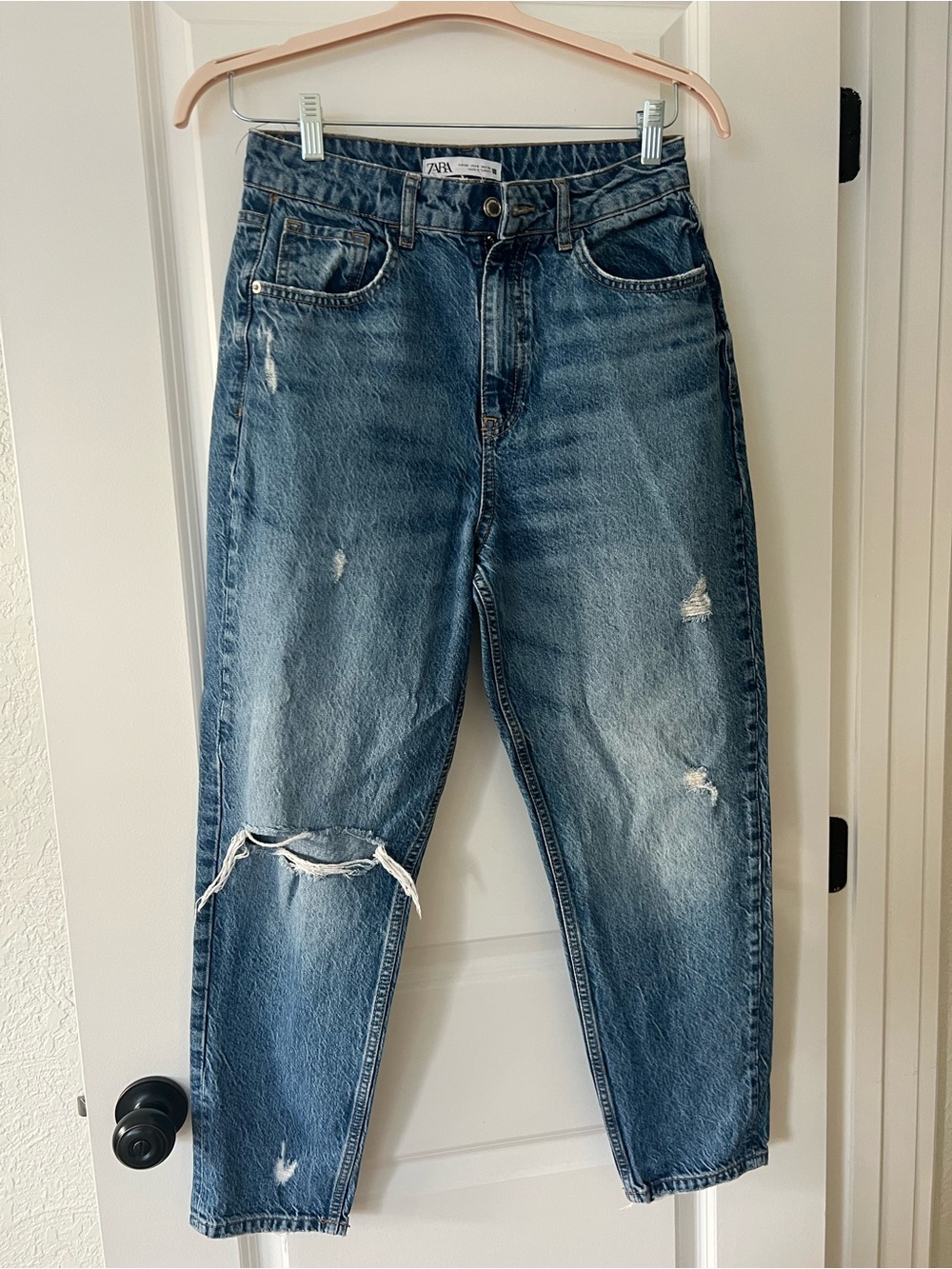 ZARA High Rise Mom Jeans Distressed Blue Denim